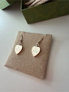 Gucci Silver Heart Drop Earrings with Logo
